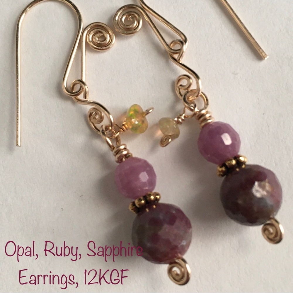 14KGF Opal and Ruby Genuine Gemstone Earrings